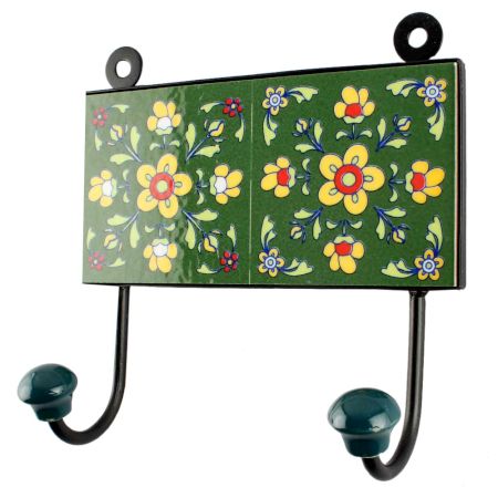 Forest Green Floral Ceramic Tile Hook